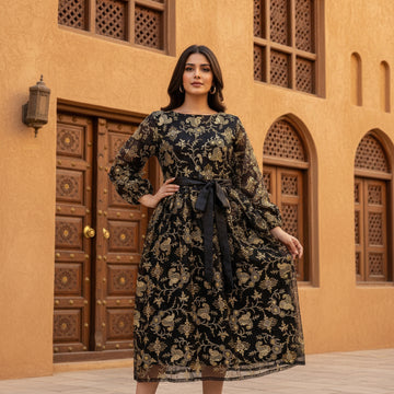 Ladies Black Arabic Kaftan Dress with Gold Embroidery & Sash Belt – Modest Fashion | 18 Years | MH