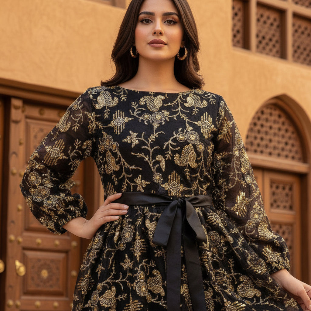 Ladies Black Arabic Kaftan Dress with Gold Embroidery & Sash Belt – Modest Fashion | 18 Years | MH