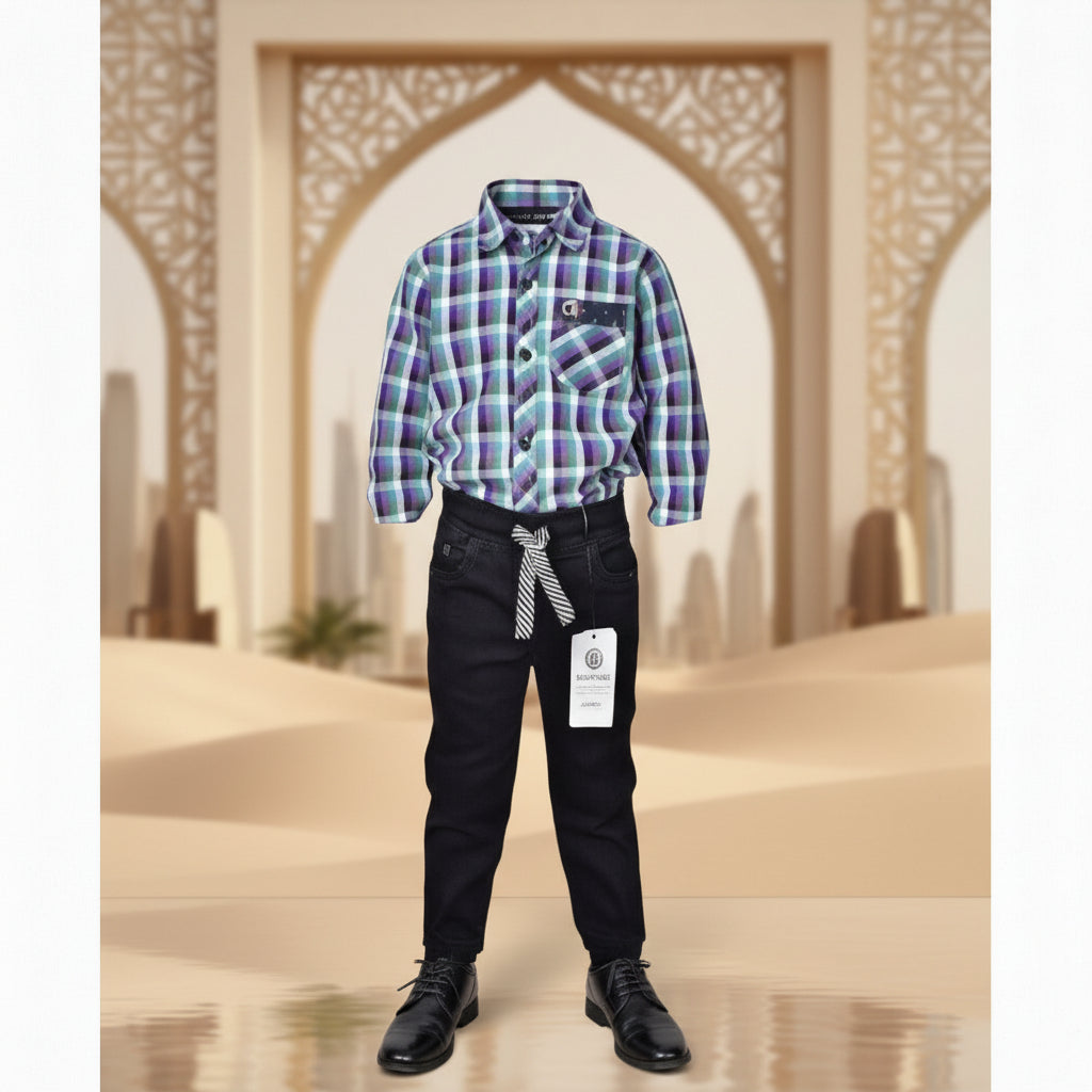 Smart Checkered Shirt with Denim Pants Kids Outfit Set