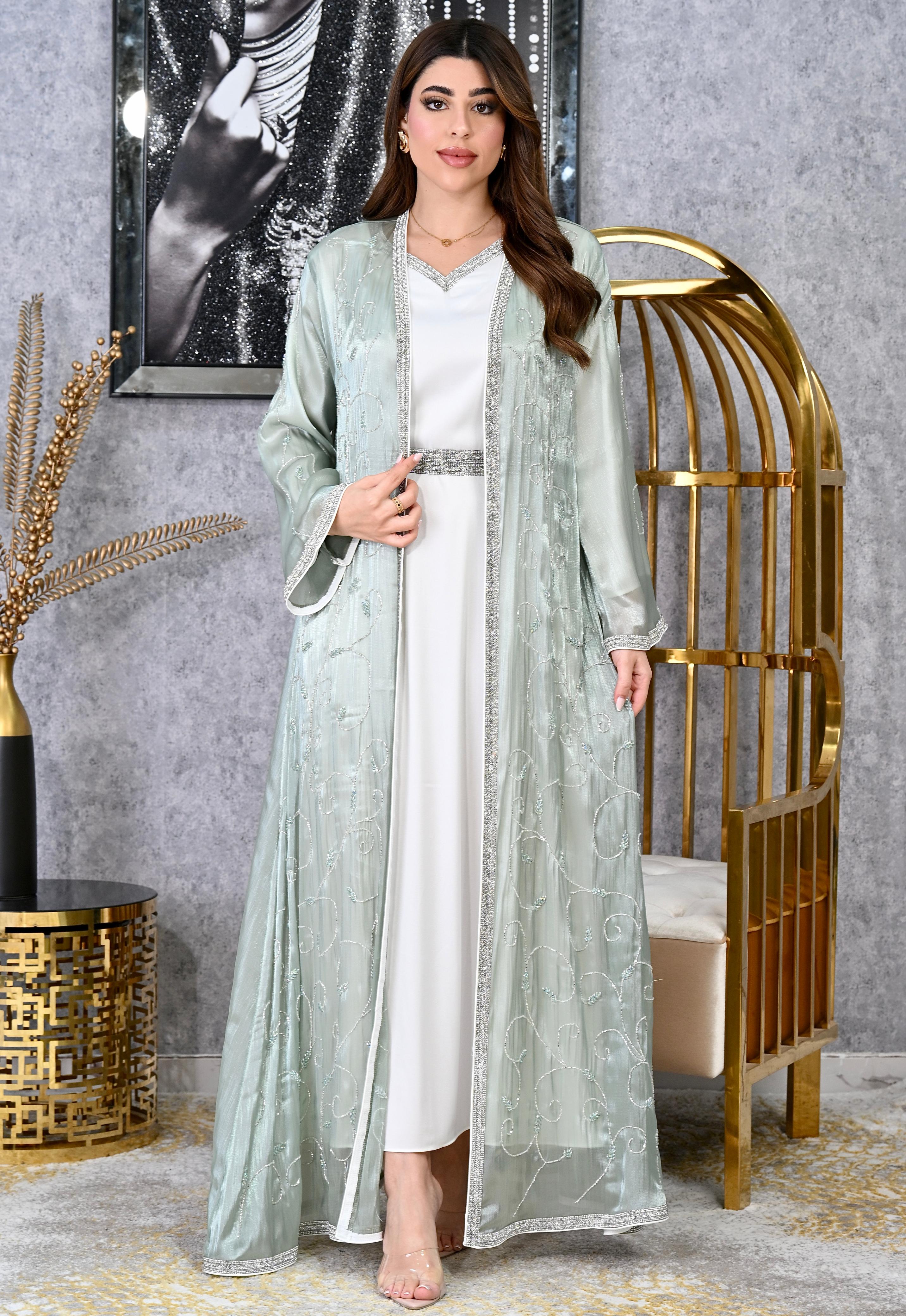 Diamond Trim Embroidered Kaftan with Inner Dress | Modest Evening Wear | 4 Colors | Sizes S-XL | MH