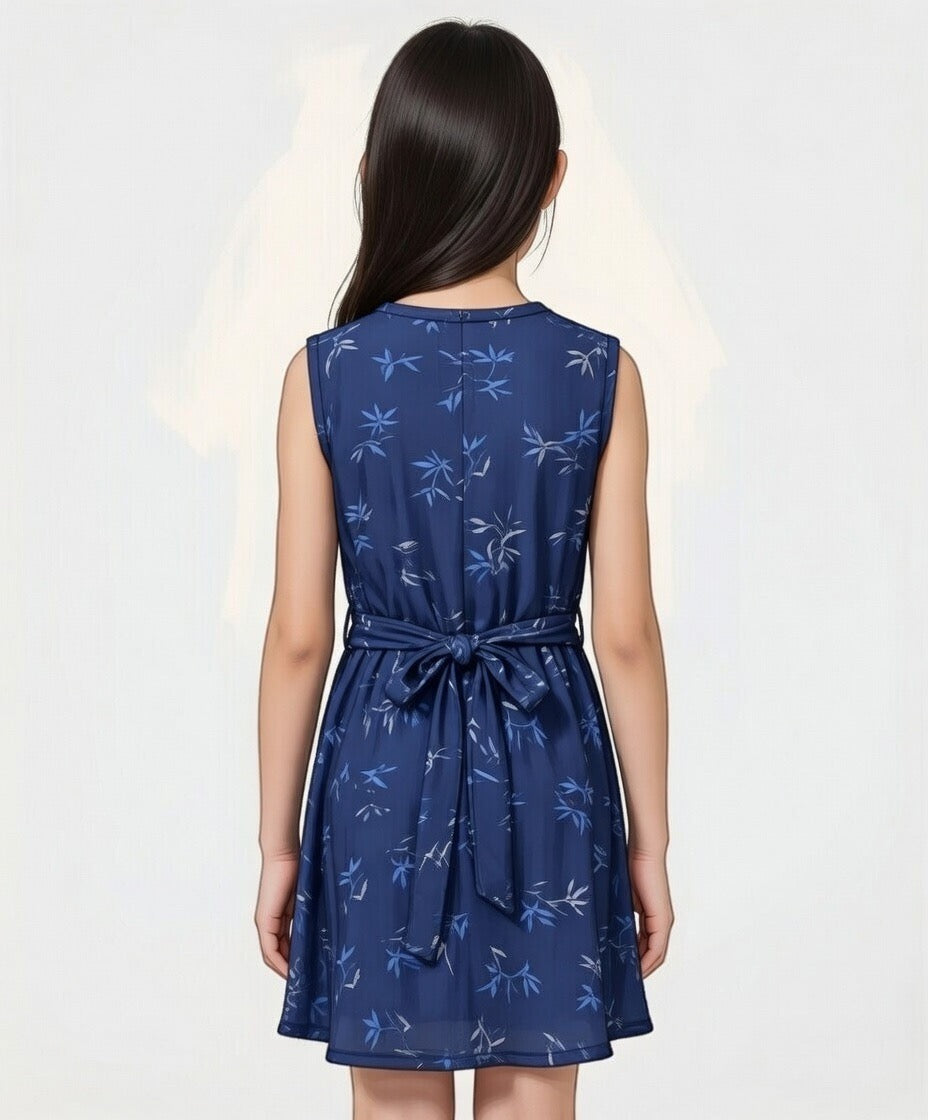 Girls Navy Blue Bamboo Print Sleeveless Dress with Belt | MH Kids Summer Casual Dress Age(2-12Years)