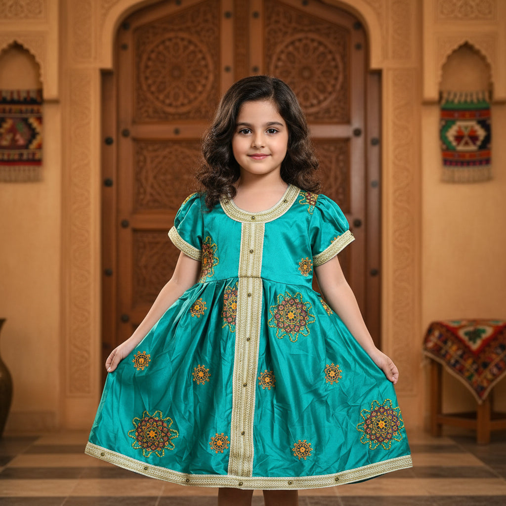 Elegant Turquoise Gold Embroidered Modest Abaya Dress for Toddlers | Sizes (24)-4 Years | MH