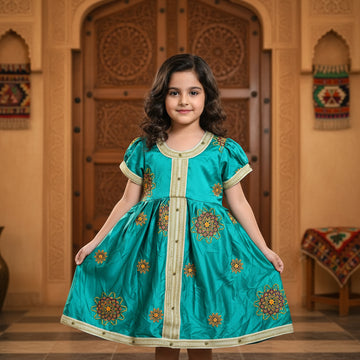Elegant Turquoise Gold Embroidered Modest Abaya Dress for Toddlers | Sizes (24)-4 Years | MH
