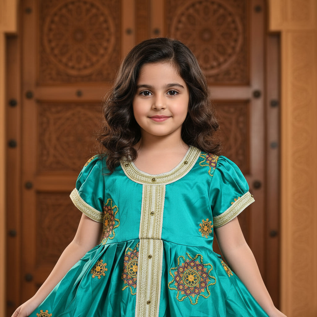 Elegant Turquoise Gold Embroidered Modest Abaya Dress for Toddlers | Sizes (24)-4 Years | MH