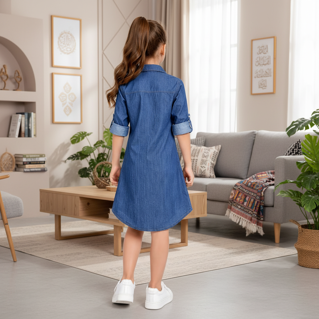 Classic Blue Denim Shirt Dress for Girls with Contrast Pocket Detail | MH