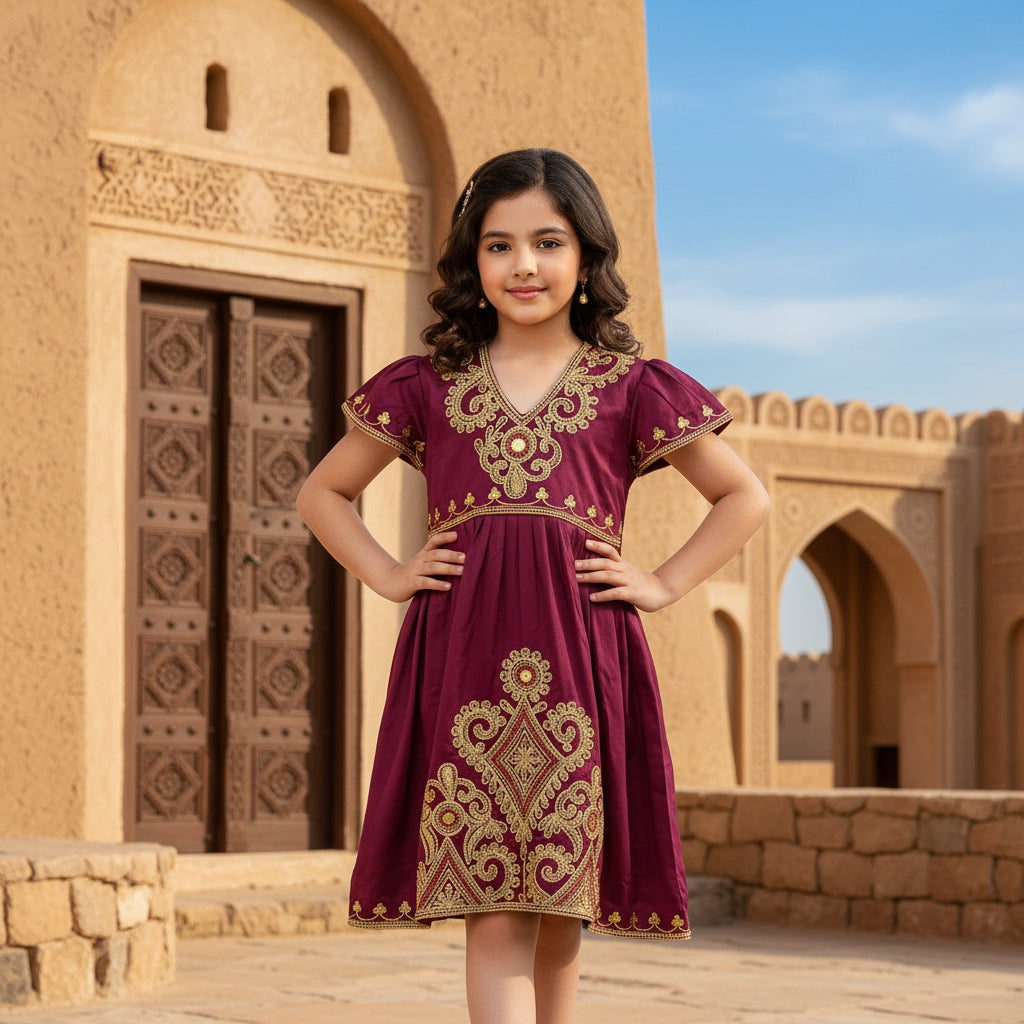 Omani Traditional Maroon Gold Embroidered Girls Dress - Heritage Collection | (Age 6 Years) | MH