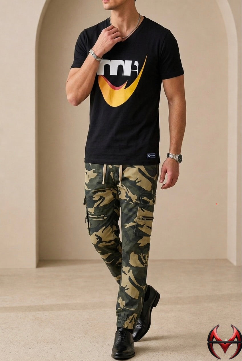 Men’s Signature Graphic Tee & Camo Cargo Jogger Set – Urban Streetwear Collection | Sizes S-30-XL-38 ) MH