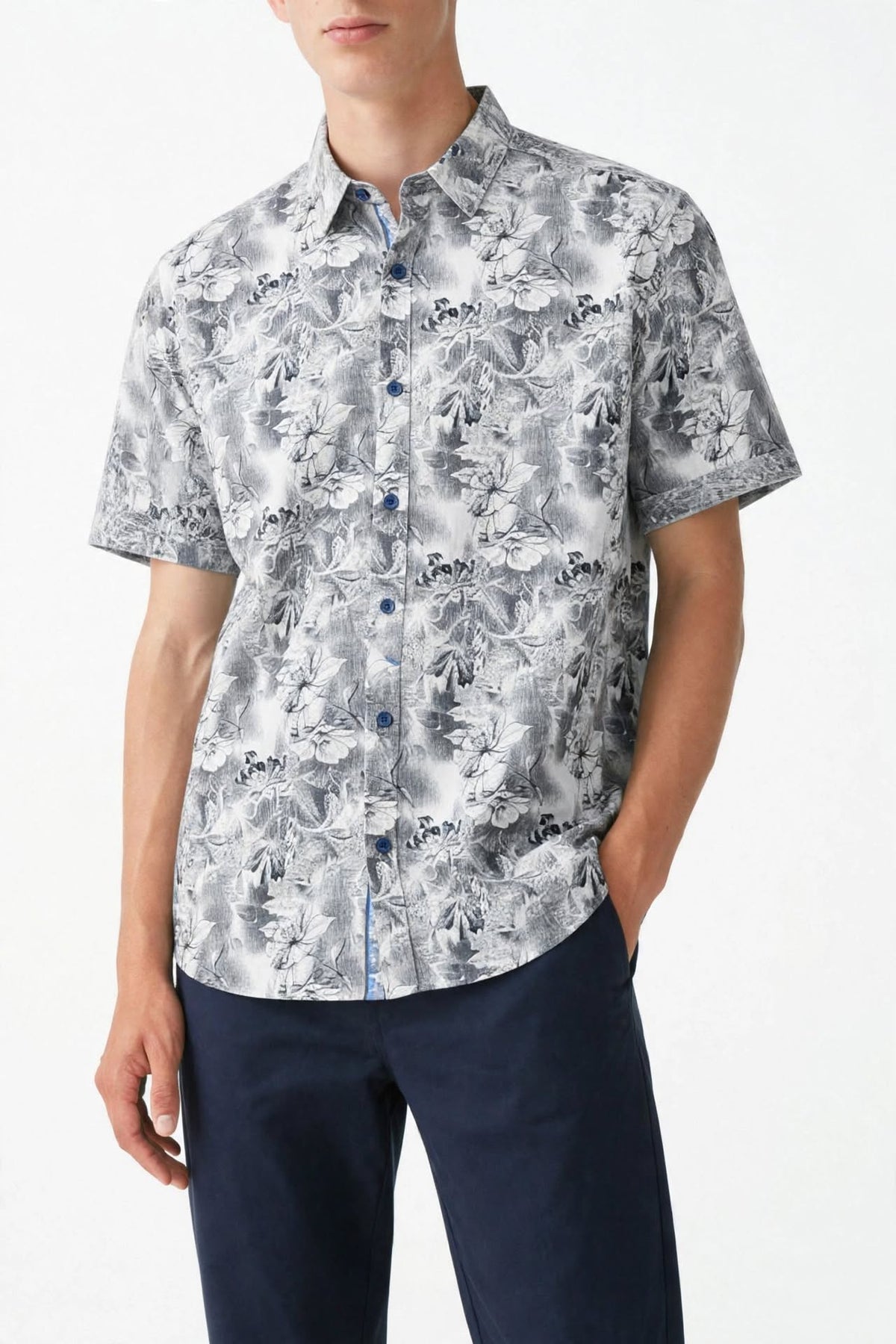 Men's Sky Blue & Navy Tropical Print Shirt | Breathable Summer Cotton (Sizes S-XL) | MH