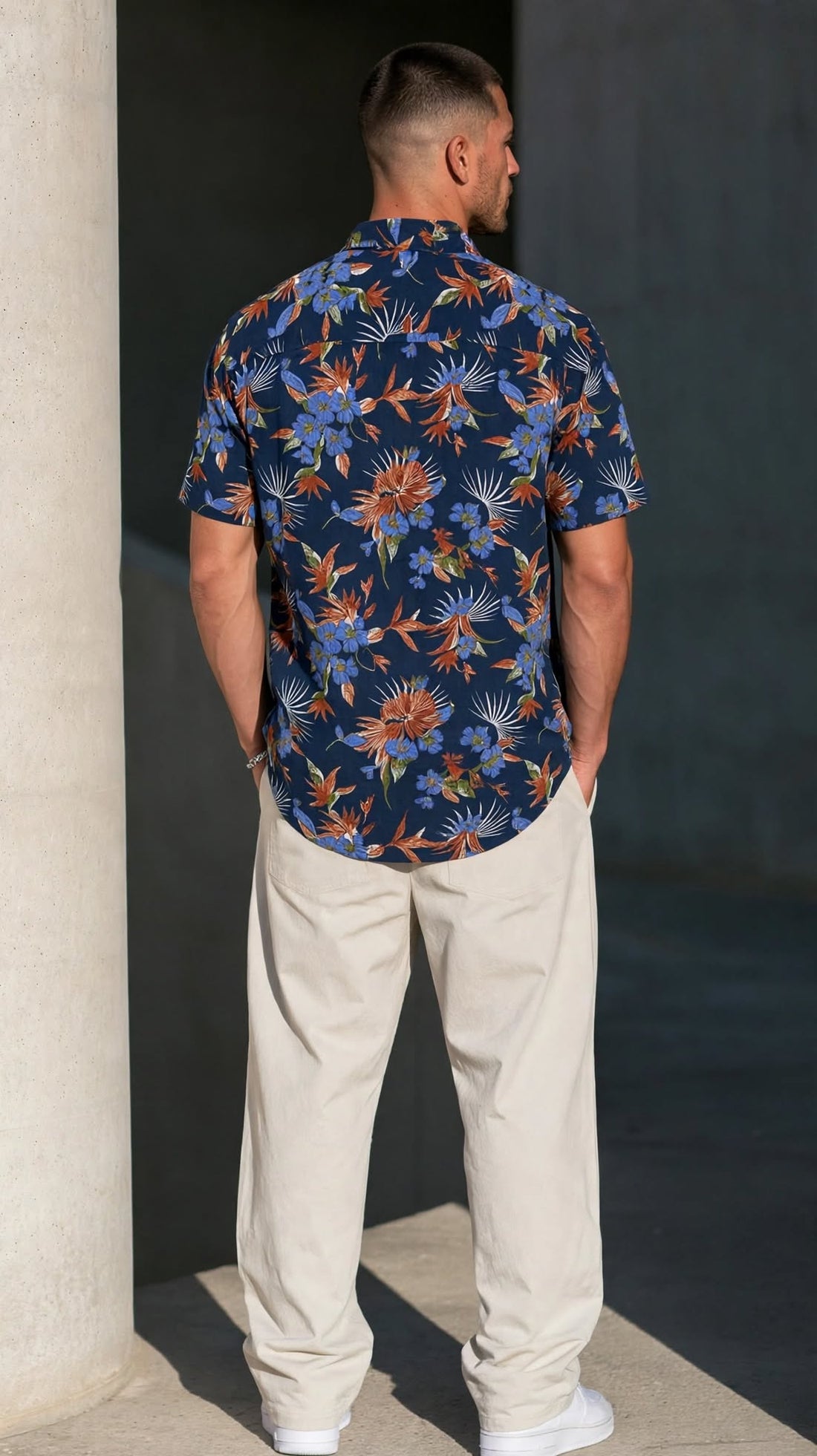 Men’s Navy Blue Tropical Floral Bird of Paradise Print Short Sleeve Shirt | Slim Fit Summer | Sizes S–XL | MH