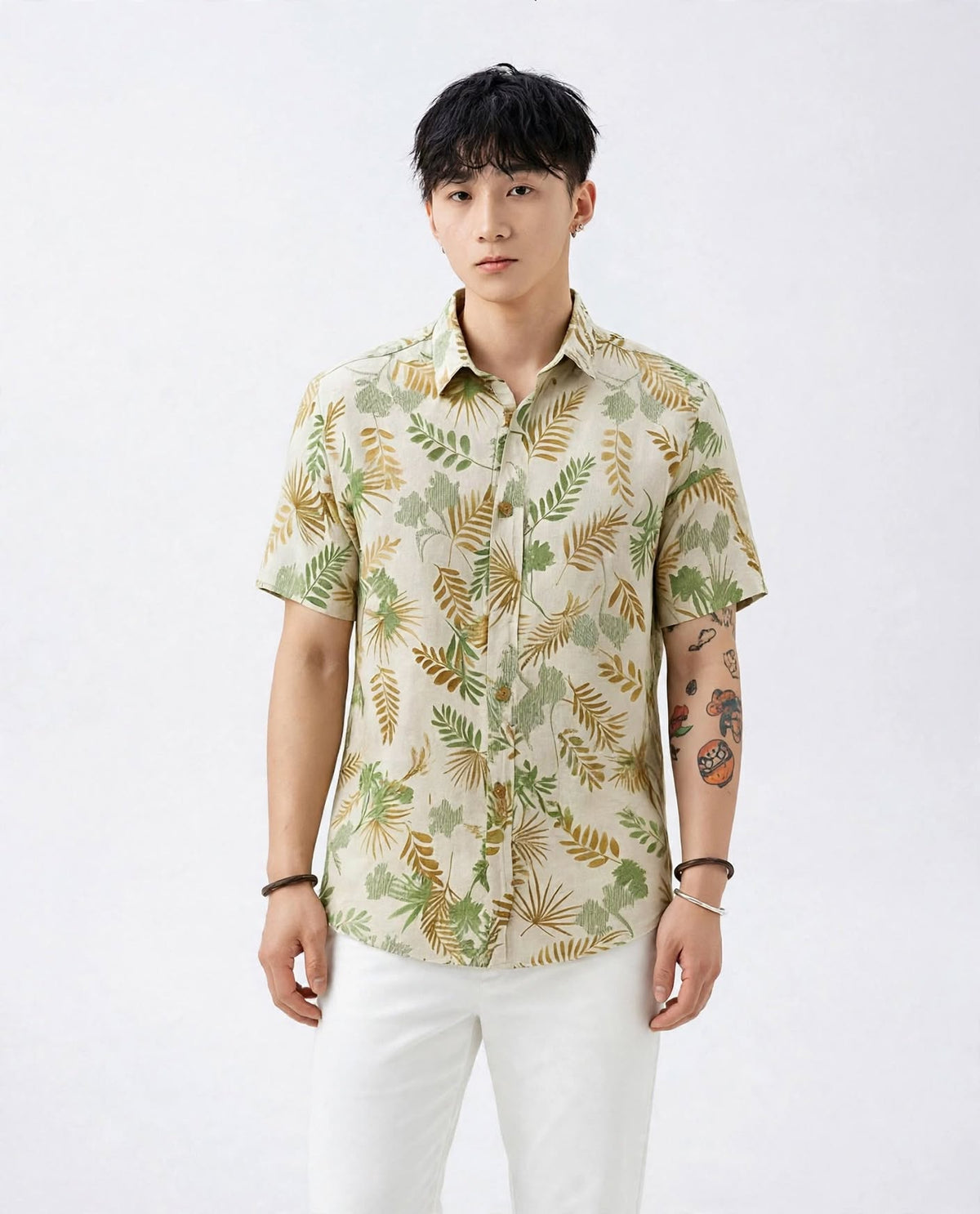 Men’s Cream Green & Gold Tropical Leaf Print Short Sleeve Shirt | Slim Fit Cotton | Casual Summer | Sizes S–XL | MH