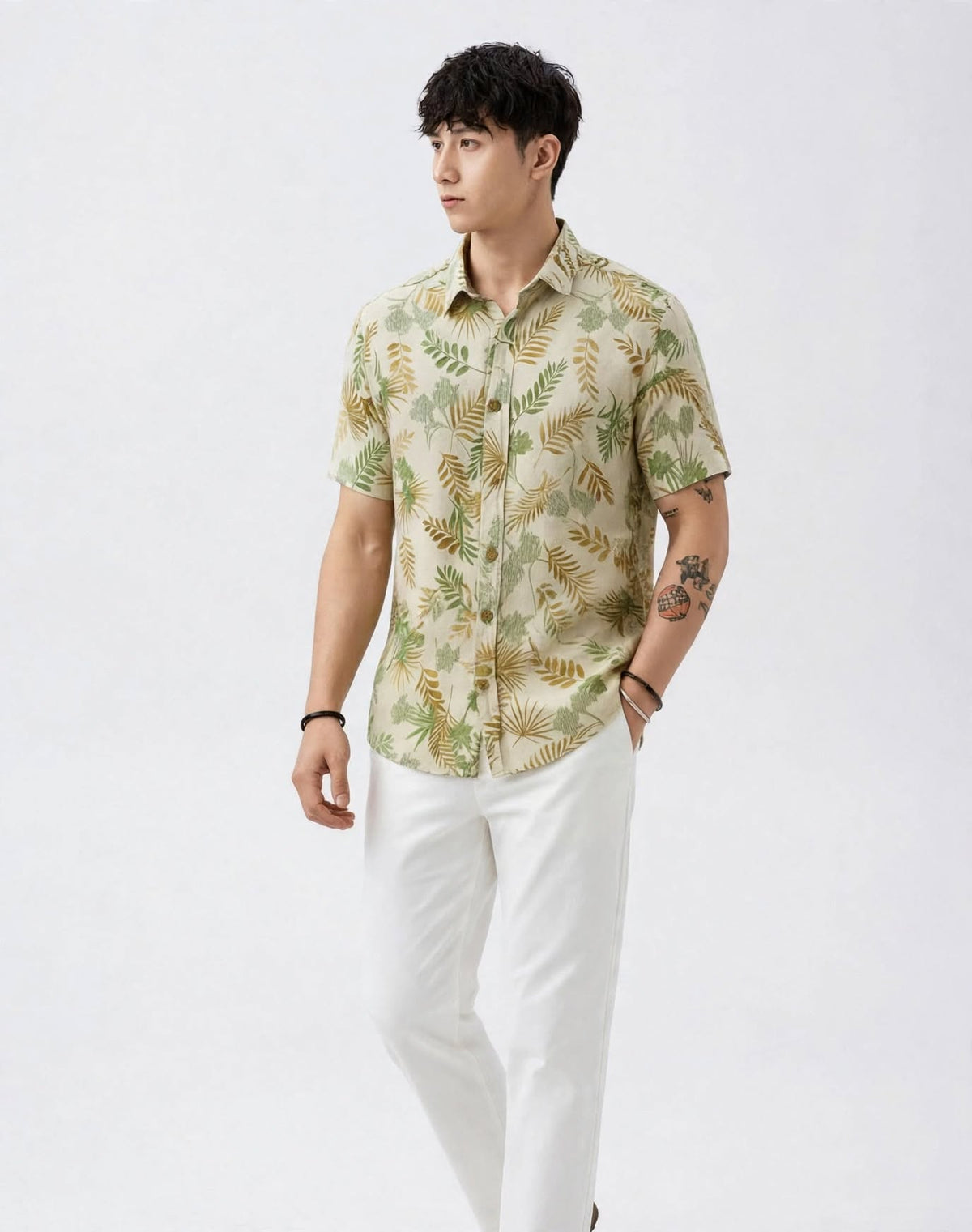 Men’s Cream Green & Gold Tropical Leaf Print Short Sleeve Shirt | Slim Fit Cotton | Casual Summer | Sizes S–XL | MH