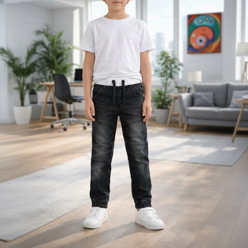 Boys Black Denim Jogger Jeans 7-12 Years - Casual Drawstring Denim Pants with Side Stripes | MH