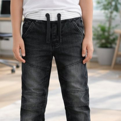 Boys Black Denim Jogger Jeans 7-12 Years - Casual Drawstring Denim Pants with Side Stripes | MH