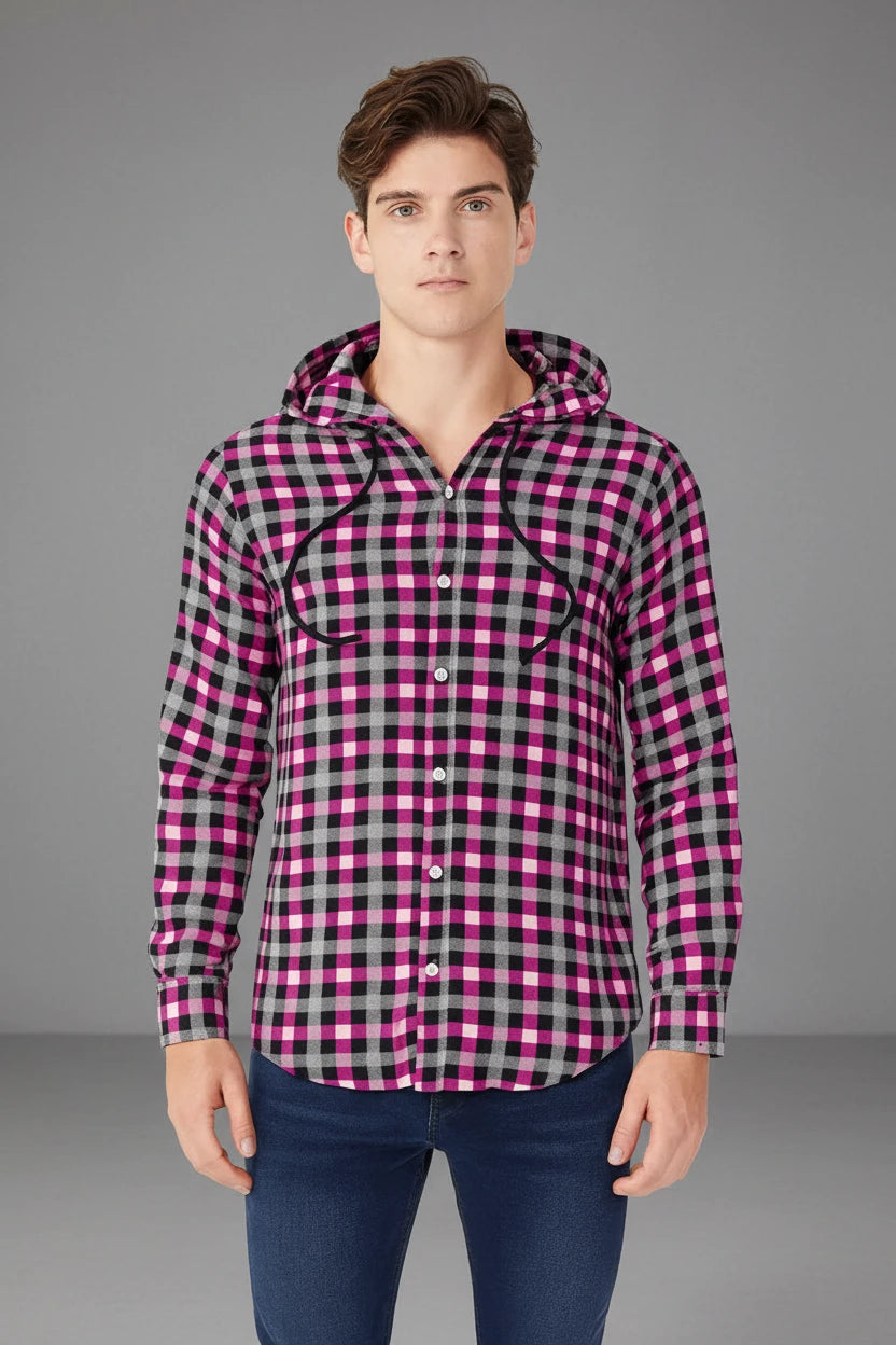 Men’s Hooded Gingham Check Flannel Shirt | 5 Bold Colours | Long Sleeve Street Style | Sizes S–XXL | MH