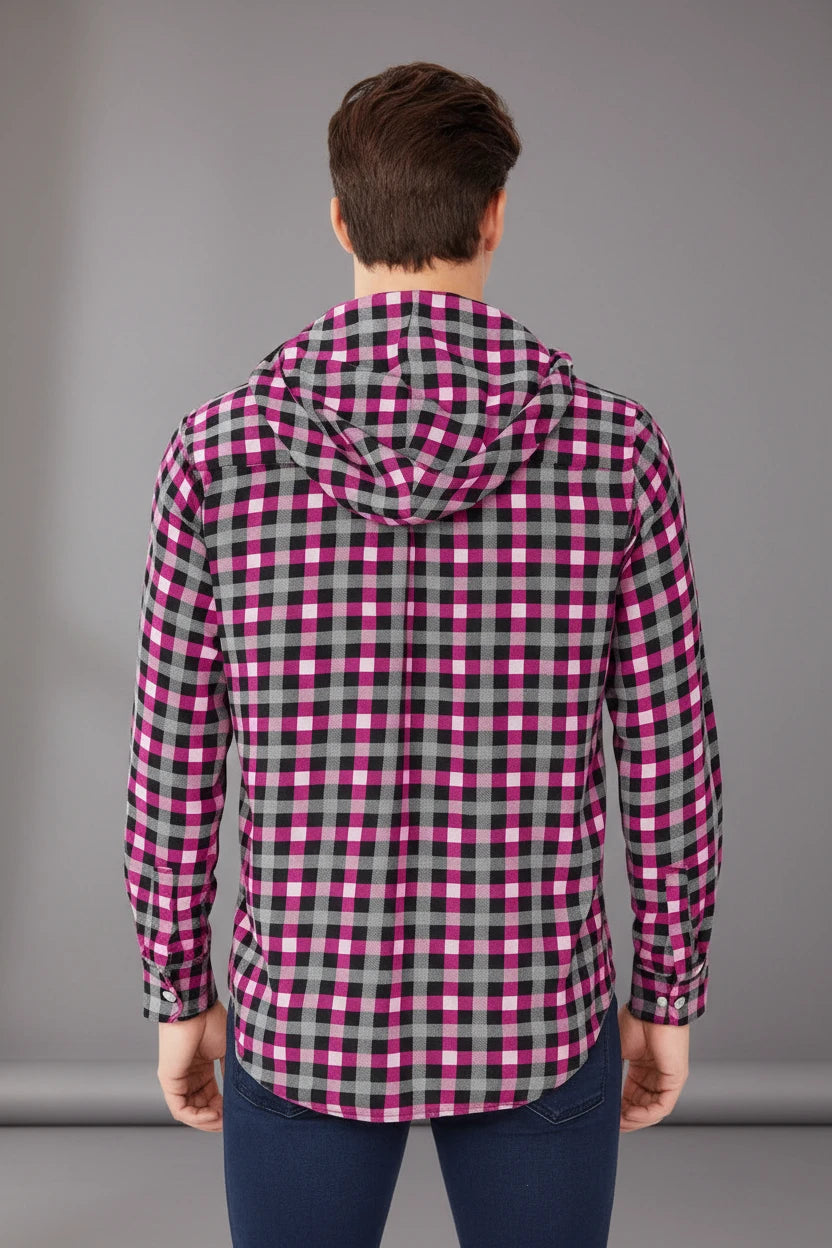 Men’s Hooded Gingham Check Flannel Shirt | 5 Bold Colours | Long Sleeve Street Style | Sizes S–XXL | MH