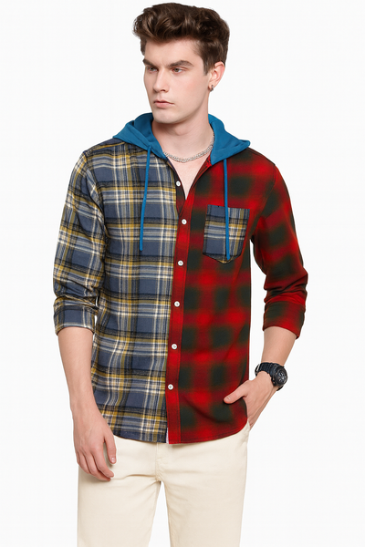 Two-Tone Plaid Hoodie Shirt – Blue-Yellow & Red-Green with Blue Hood