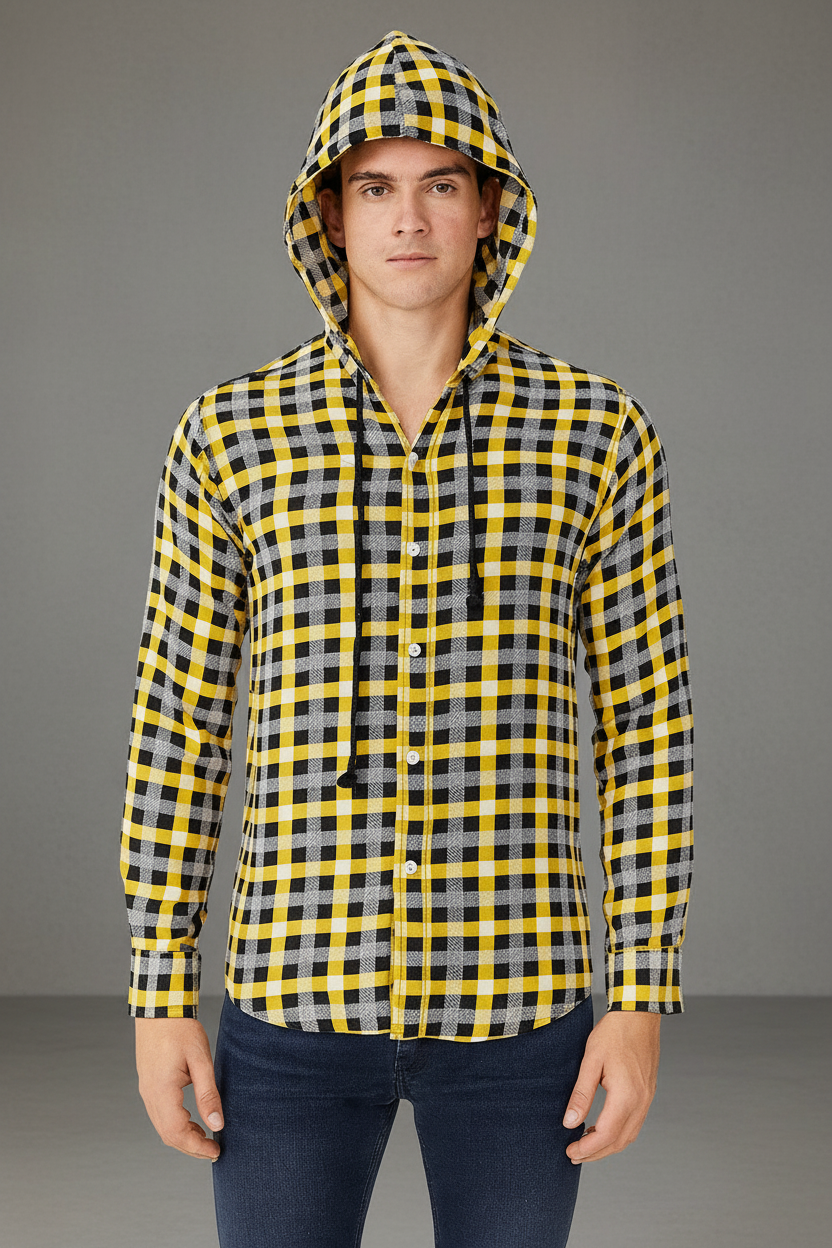 Men’s Hooded Gingham Check Flannel Shirt | 5 Bold Colours | Long Sleeve Street Style | Sizes S–XXL | MH