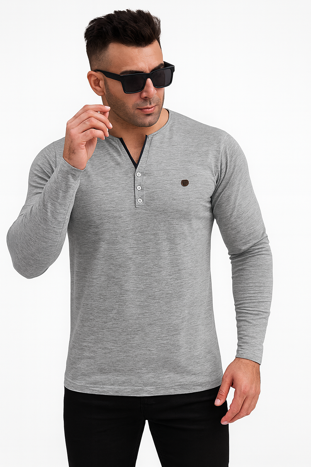 "Men’s Light Gray V-Neck Henley Long Sleeve Shirt /MH