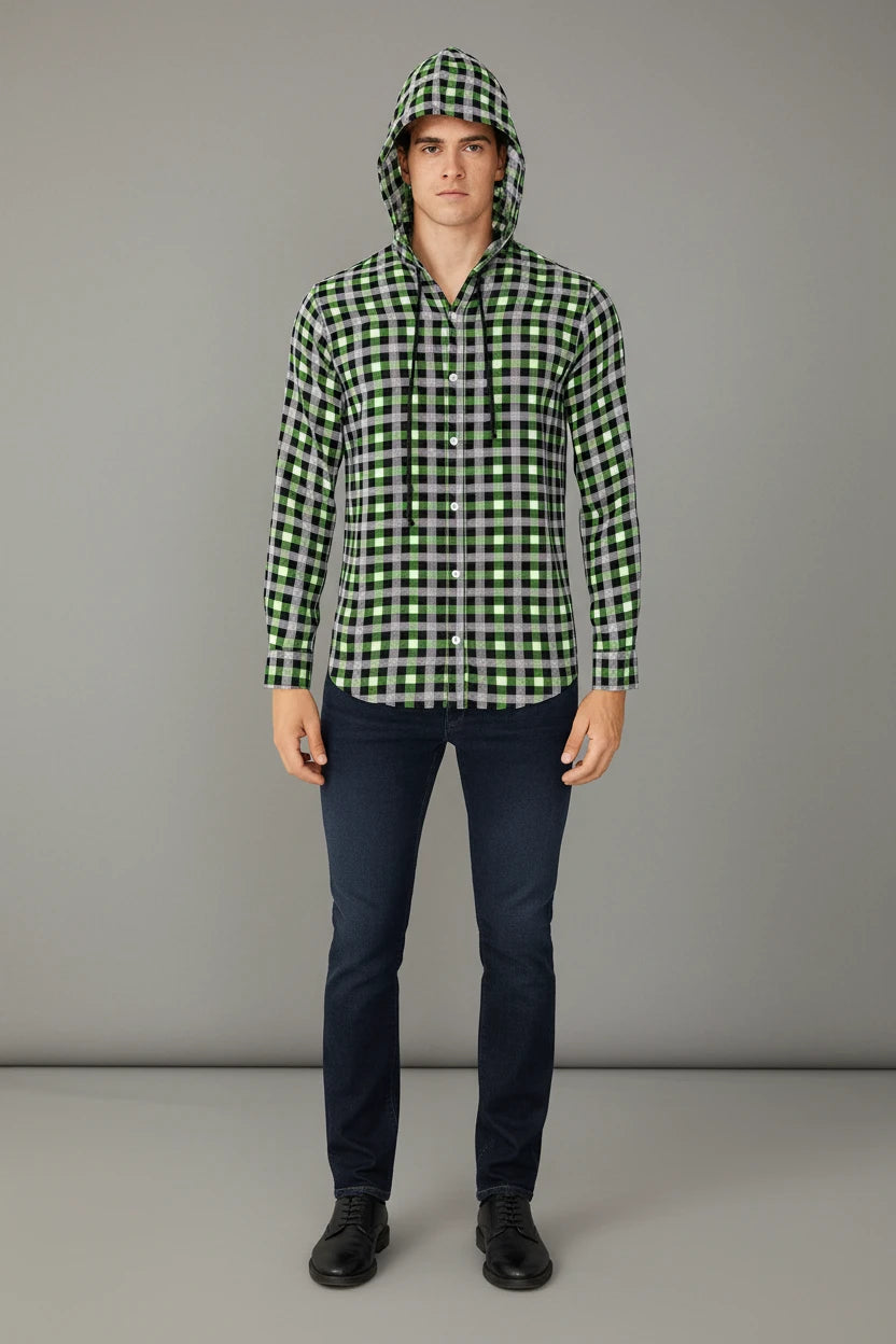 Men’s Hooded Gingham Check Flannel Shirt | 5 Bold Colours | Long Sleeve Street Style | Sizes S–XXL | MH