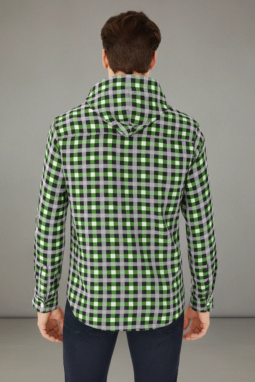Men’s Hooded Gingham Check Flannel Shirt | 5 Bold Colours | Long Sleeve Street Style | Sizes S–XXL | MH