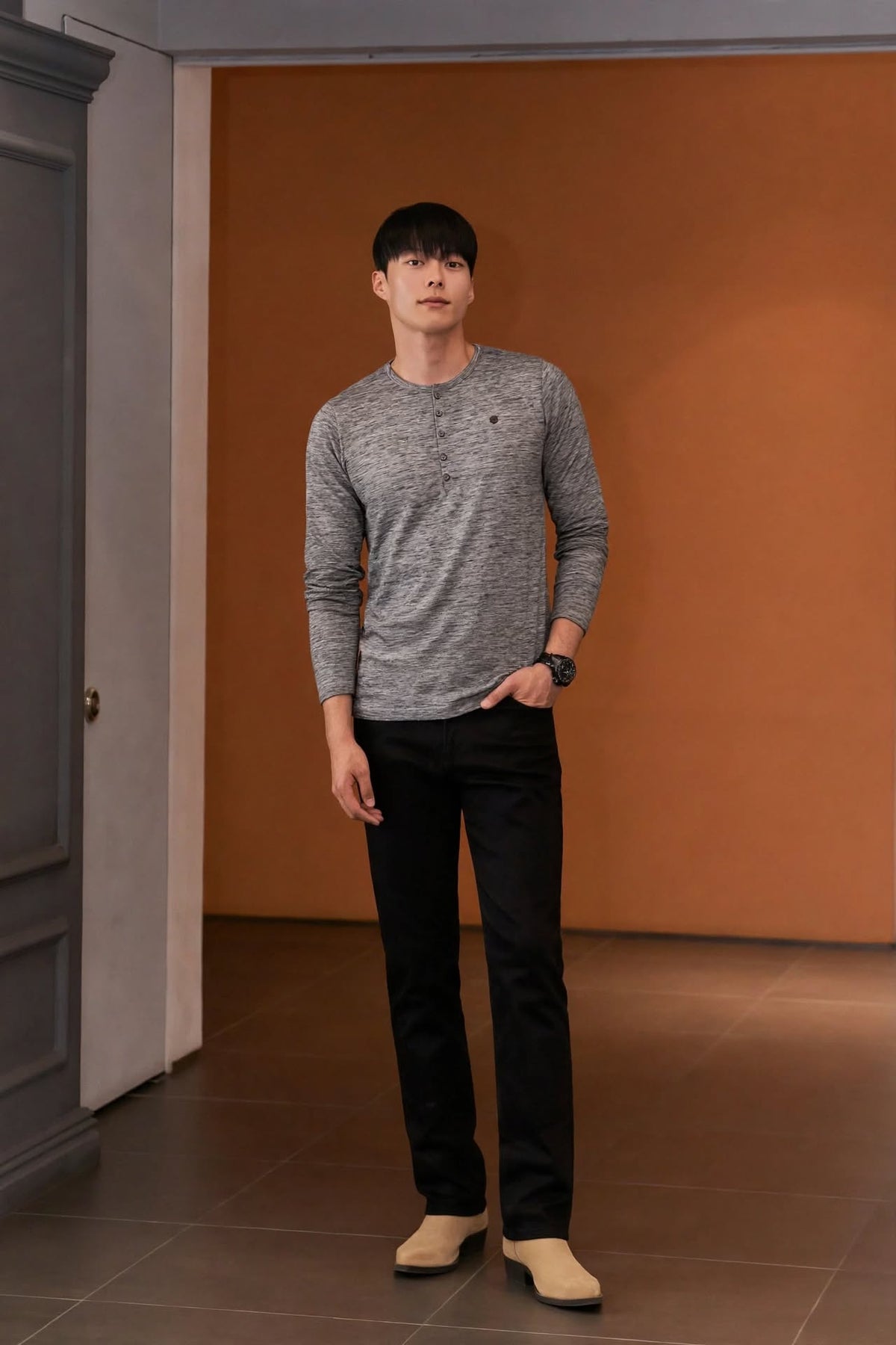 Men’s 7-Button Henley Long Sleeve T-Shirt – Light Grey Heather | Sizes S-XXL | MH