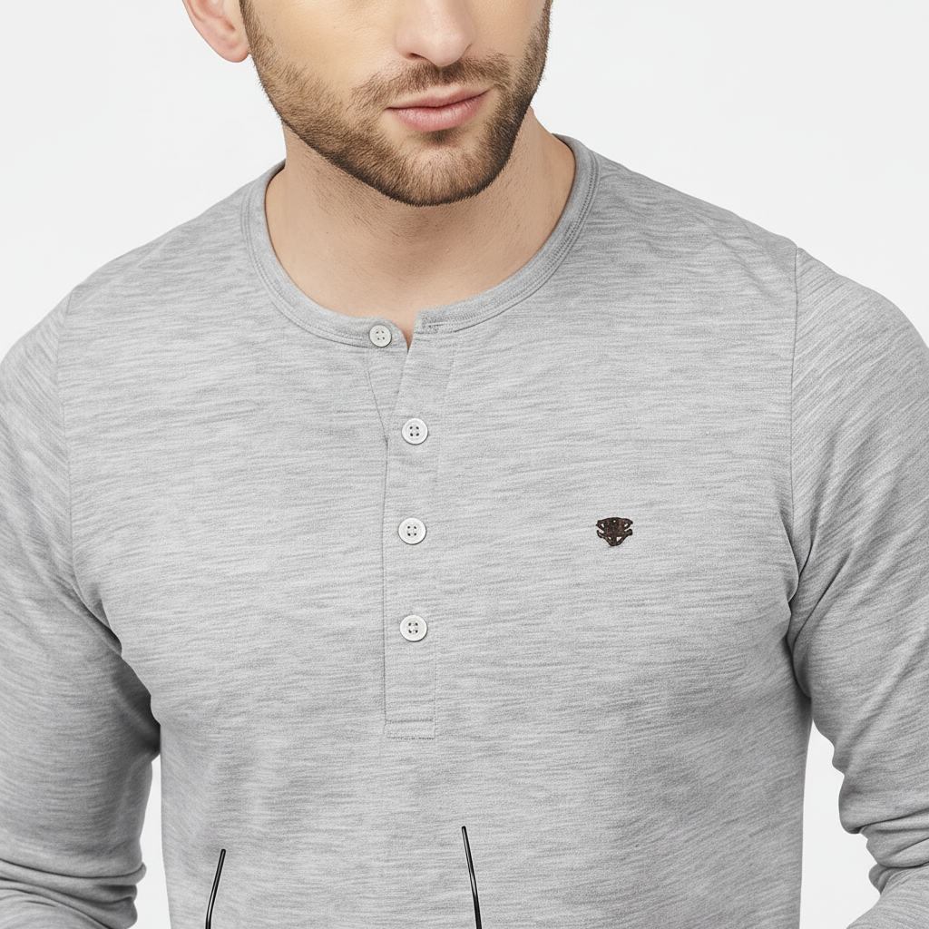 Men’s Grey Henley Long Sleeve Top S to XXL | Soft Casual Button Shirt with Small Chest Logo | MH