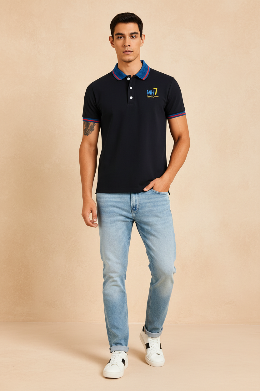 Navy Polo Shirt with Contrast Collar & Logo Detailing,Sizes(17-24Years) | MH
