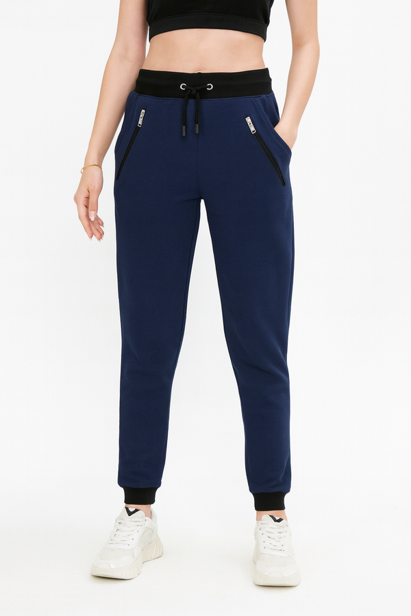Women’s Navy Blue Cotton Trouser with Zipper Pockets | MH