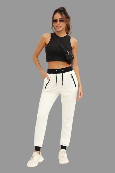 Women's White Cotton Trouser with Zipper Pockets,Size (S-XL| MH