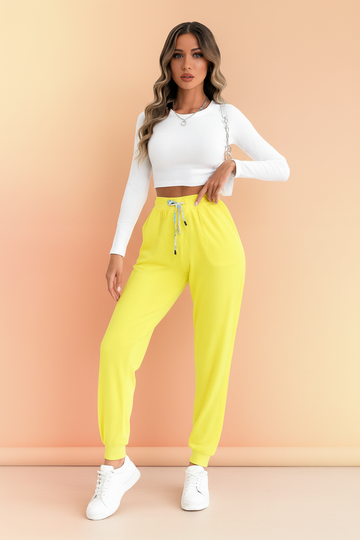 Women’s High-Waist Neon Yellow Ribbed Joggers – Lightweight Casual Sweatpants for Ladies (S-XL) | MH