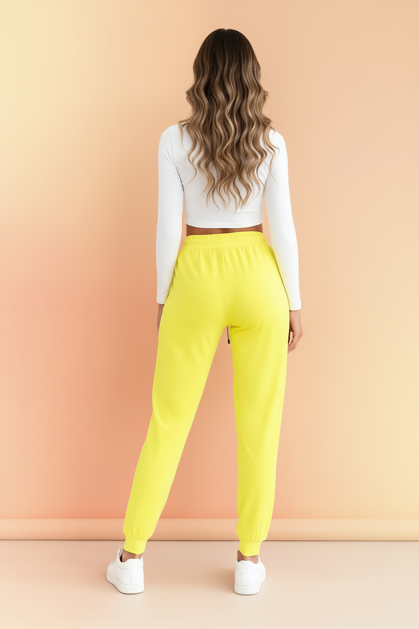 Women’s High-Waist Neon Yellow Ribbed Joggers – Lightweight Casual Sweatpants for Ladies (S-XL) | MH
