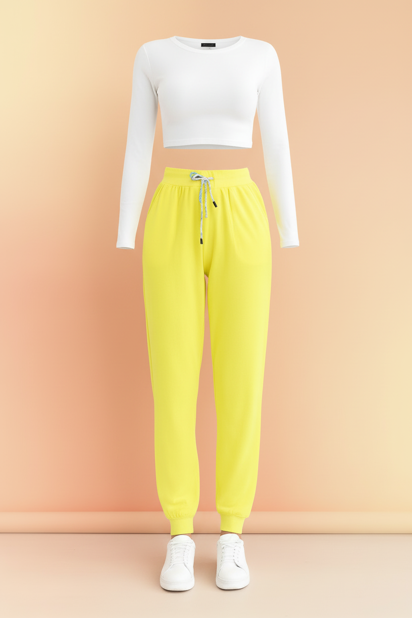Women’s High-Waist Neon Yellow Ribbed Joggers – Lightweight Casual Sweatpants for Ladies (S-XL) | MH