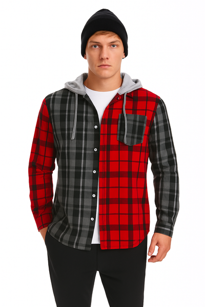 "Two-Tone Plaid Hoodie Shirt – Red & Charcoal / MH