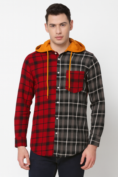 Two-Tone Plaid Hoodie Shirt – Red & Grey with Mustard Hood