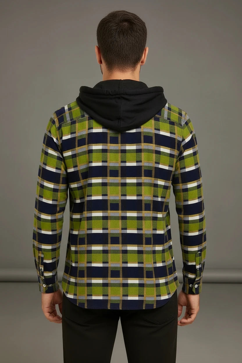 Men’s Hooded Flannel Plaid Check Shirt Jacket | 4 Colours | Shacket Long Sleeve | Sizes S–XXL | MH