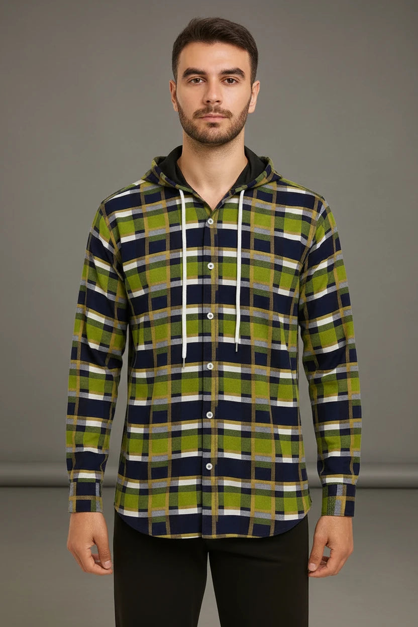Men’s Hooded Flannel Plaid Check Shirt Jacket | 4 Colours | Shacket Long Sleeve | Sizes S–XXL | MH