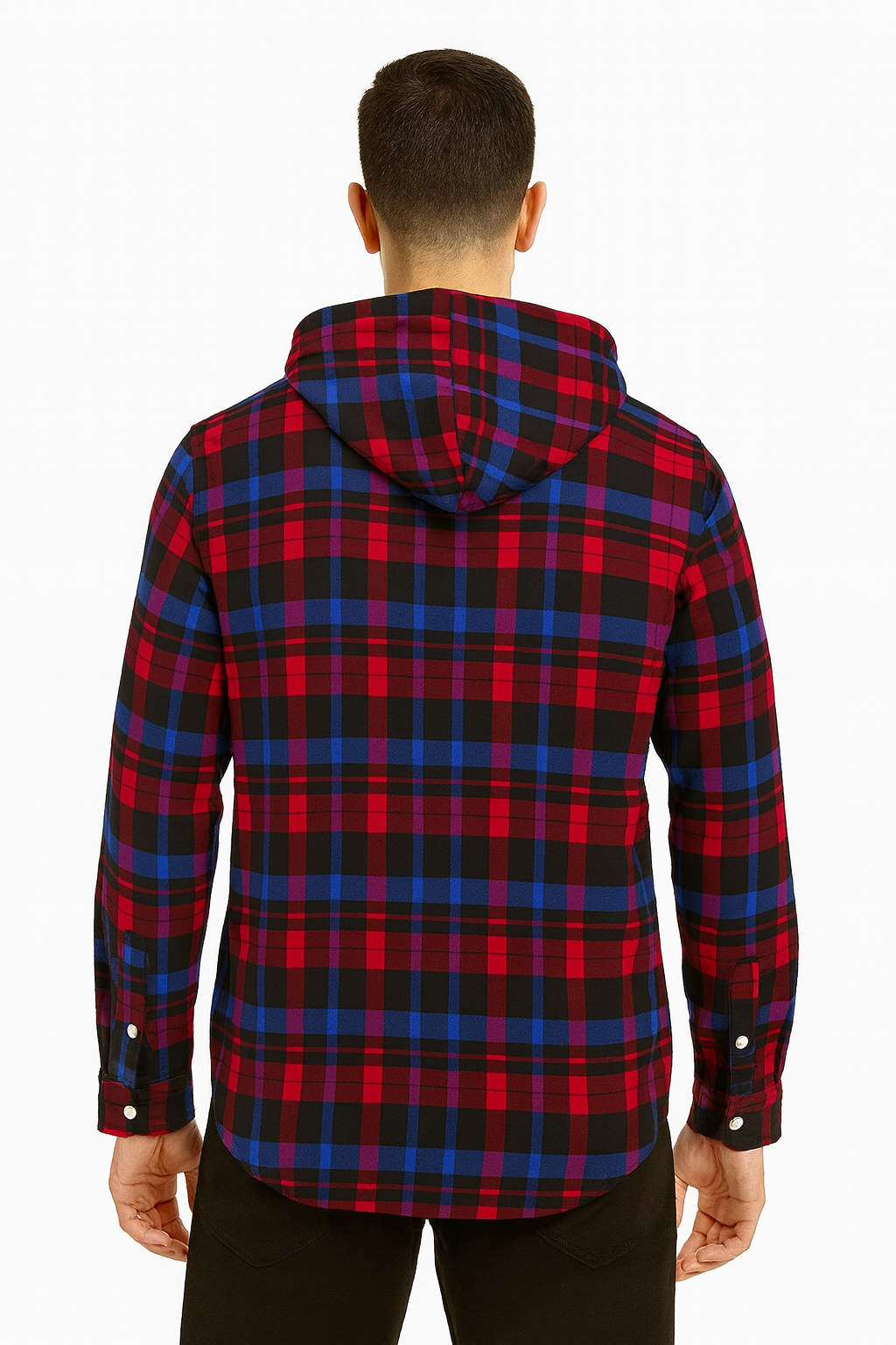 "Men’s Red & Blue Plaid Hooded Button-Up Shirt"