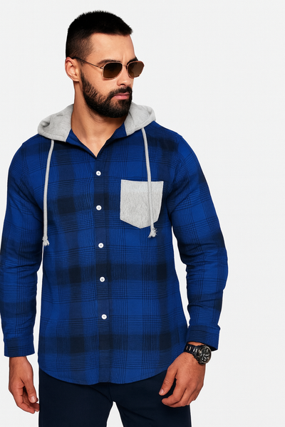 Men’s Blue Plaid Hooded Casual Shirt with Grey Pocket/ MH