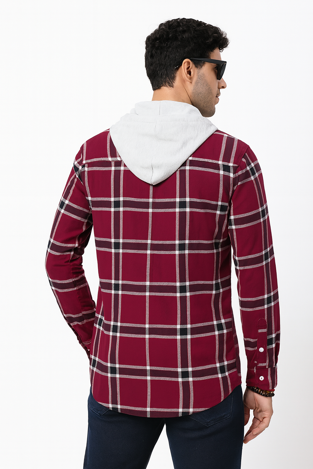 Men’s Maroon Checkered Hooded Casual Shirt – Full Sleeve"