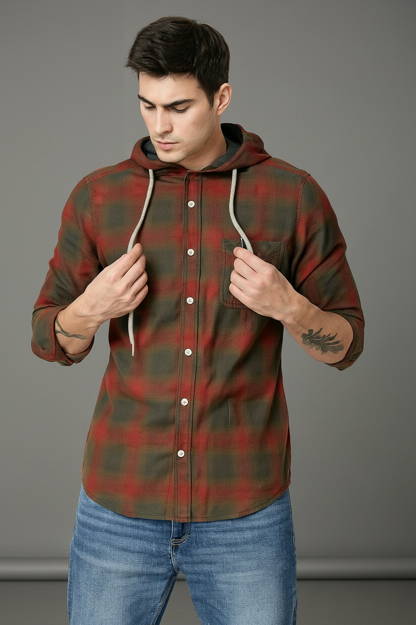Men’s Red & Olive Green Hooded Flannel Plaid Shacket | Grey Drawstring Roll-Up Sleeves | Sizes S–XXL | MH