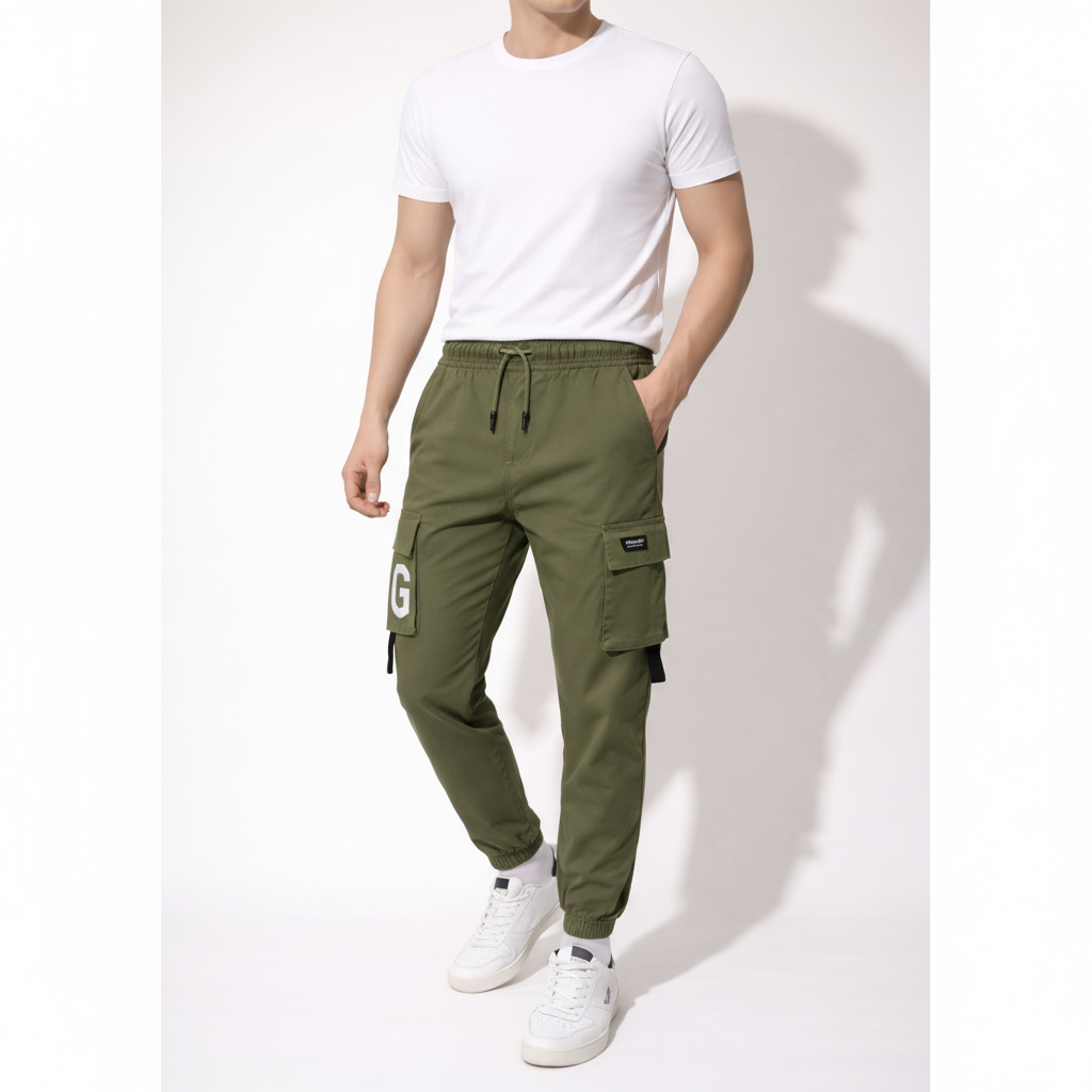 Young Men’s Olive Green Cargo Joggers 17-24 Years | Stylish Multiple Pockets Jogger Pants with “G” Patch | 3 Colors | MH
