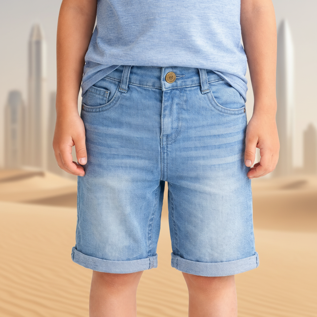 Kids Boy's Classic Denim Shorts with Roll-Up Hem & Dual Back Pockets | MH Size (1-12Years)