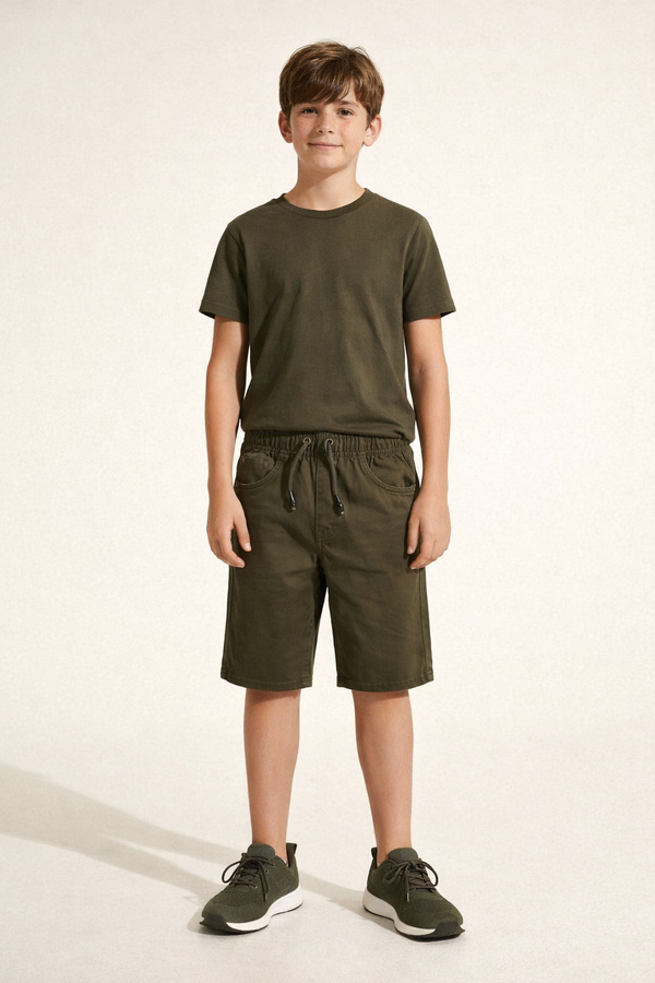 Boys Olive Green Elastic Waist Casual Cotton Shorts | MH