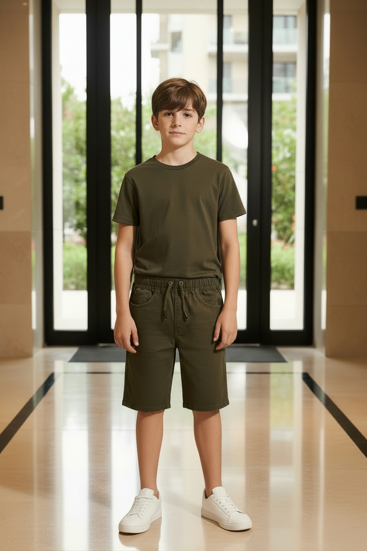 Boys Olive Green Elastic Waist Casual Cotton Shorts | Drawstring Mid-Length | Ages 9–16 Years | MH