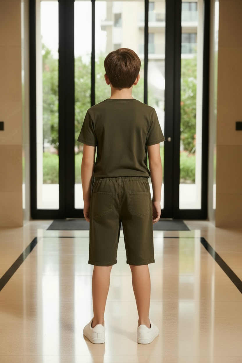 Boys Olive Green Elastic Waist Casual Cotton Shorts | Drawstring Mid-Length | Ages 9–16 Years | MH