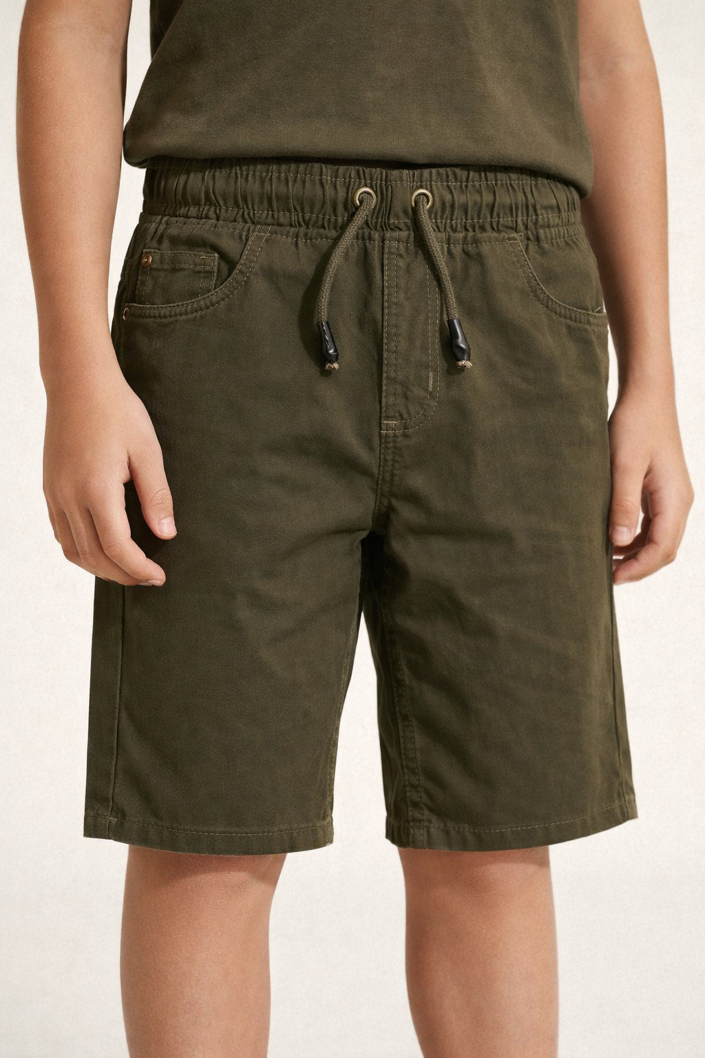 Boys Olive Green Elastic Waist Casual Cotton Shorts | MH