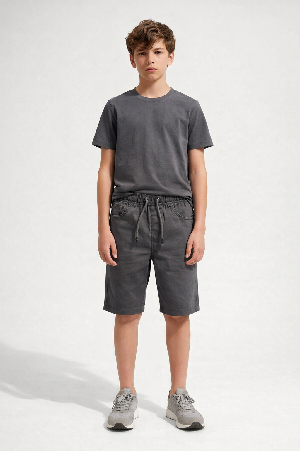 Boys Charcoal Cotton Casual Solid Drawstring Shorts | MH