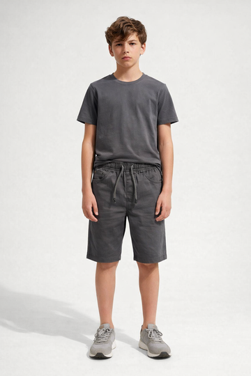 Boys Charcoal Cotton Casual Solid Drawstring Shorts | MH