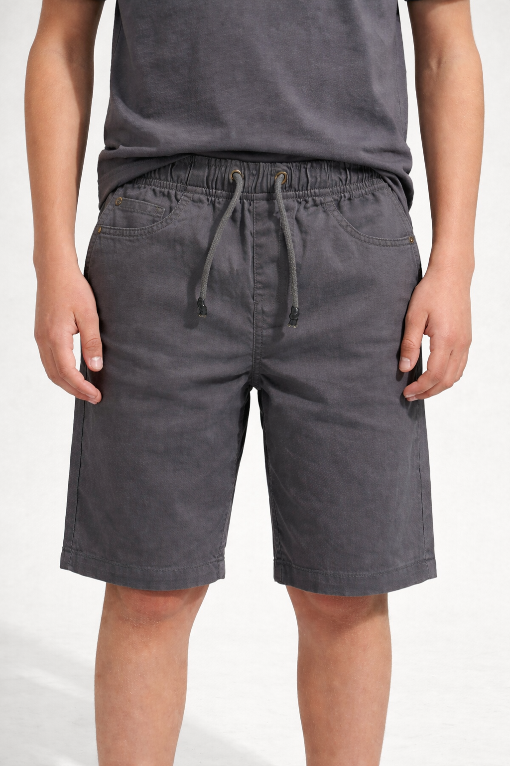 Boys Charcoal Cotton Casual Solid Drawstring Shorts | MH