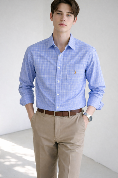 Men’s Light Blue Checkered Cotton Formal Shirt | Slim Fit Smart Office Shirt | Embroidered Logo | Sizes S–XL | MH